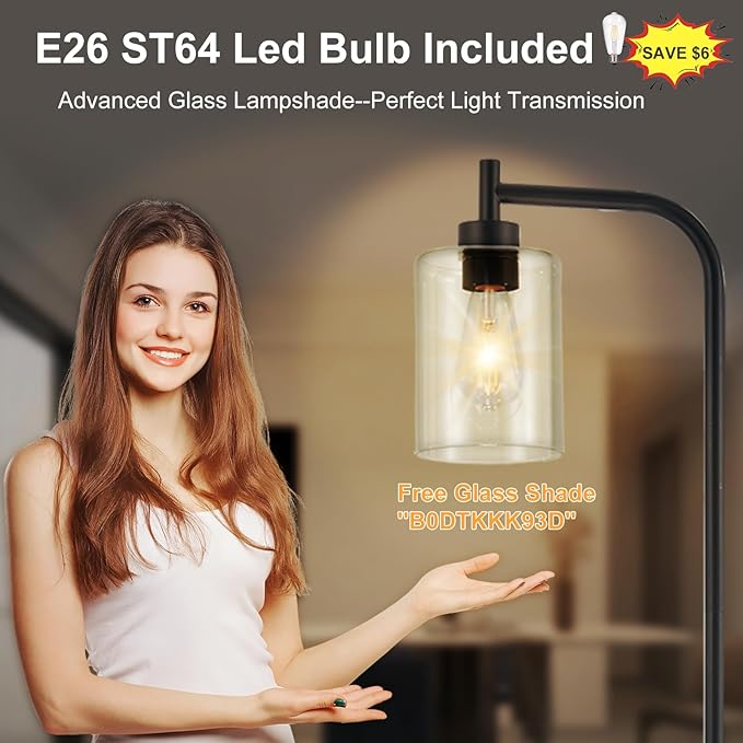 DLLT Floor Lamp Tall for Room: Black Standing Lamp with Clear Glass Lampshade for Living Room - Modern Bright Lamp for Bedroom - Industrial Corner Floor Lamps for Office 8W Led Bulb Included