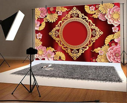 AOFOTO 6x4ft Chinese New Year Backdrop Red and Gold Paper-cuts Floral Lucky Clouds Traditional Spring Festival Asian Lunar New Year Background Room Decoration Banner Kid Portrait Photo Shoot Props