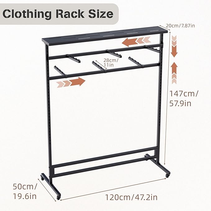 lesolar 6 Arms Retail Clothing Rack with Wheels, Height Adjustable Clothing Display Rack Shirt Clothes Display Stand Floor Standing Metal Garment Racks for Boutiques Retail Stores Home