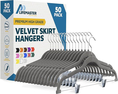 Velvet Skirt Hangers – with Adjustable Clips, 360 Degree Swivel Hook, and Non-Slip Shoulder Notch, Holds Up to 10 lbs, for Organizing Skirt, Pants, Dress, and Clothes, Pack of 50, Gray