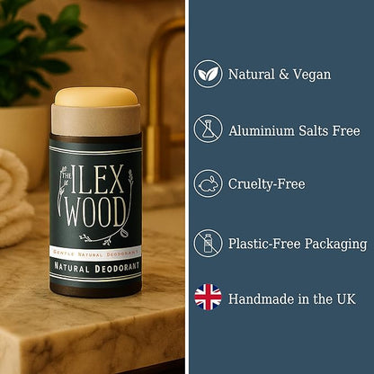 The Ilex Wood Natural Deodorant - 2.4fl oz. Handmade, Aluminum Salt Free, Plastic Free, Cruelty and Alcohol Free, Vegan, Eco Friendly Cardboard Tube - Gentle Citrus Oils, Sodium Bicarbonate Free.