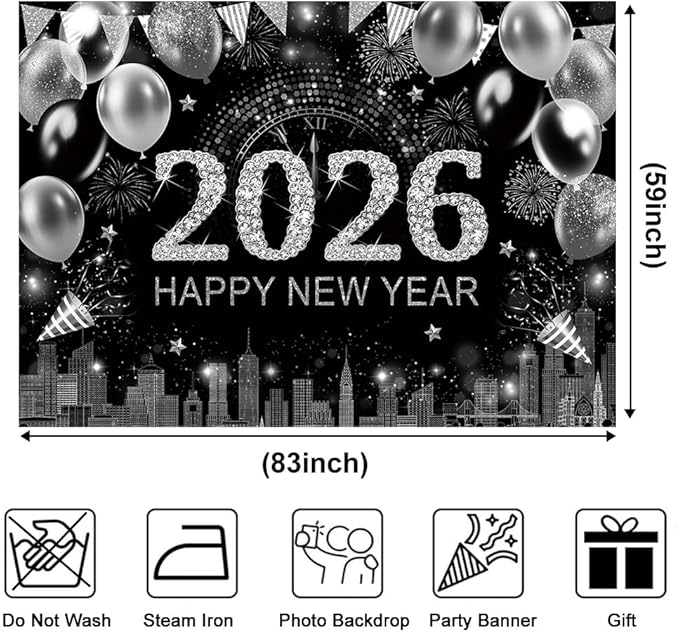 Silver 2026 Happy New Year Backdrop 7x5ft with Firework Balloon Decorations Photography Background New Year Eve Party Photo Studio Props