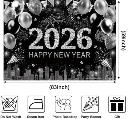 Silver 2026 Happy New Year Backdrop 7x5ft with Firework Balloon Decorations Photography Background New Year Eve Party Photo Studio Props