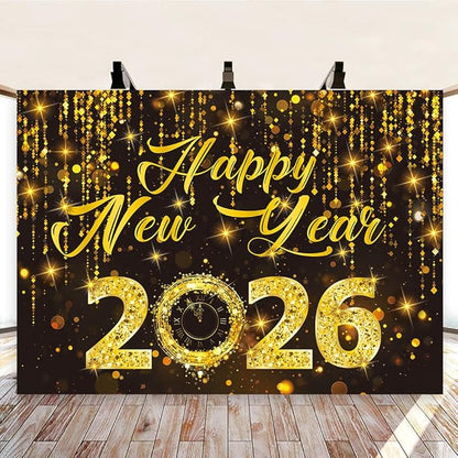 2026 Happy New Year Backdrop Black Gold New Years Eve Photography Background Gold Glitter Backdrop for 2026 New Year Party Decorations (8x6FT（240x180cm）)
