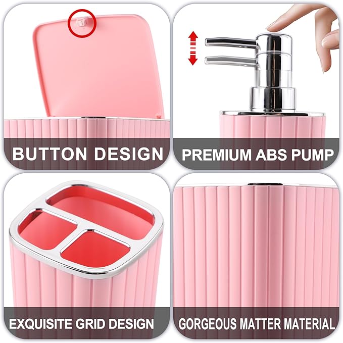 Pink Bathroom Accessories Set - Gorgeous Bathroom Set, 10PC Bathroom Accessory Set, Toilet Brush, Trash Can, Qtip Holder Dispenser & Soap Dispenser