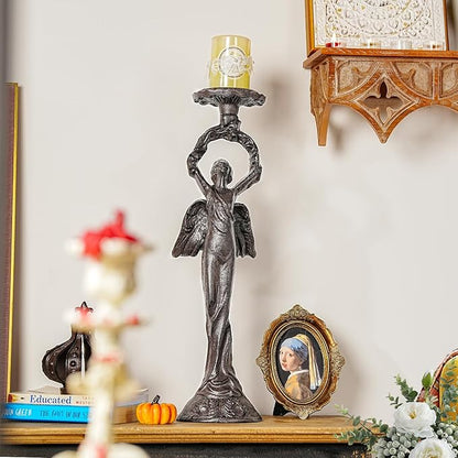 Sungmor Vintage Cast Iron Angel Candlestick Holder – 22.6” Antique Gothic Candle Stand for Home Decor, Taper & Pillar Candles, Rustic Black Decorative Centerpiece