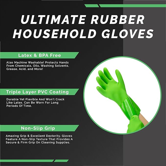 Kitchen-Star Ultimate Rubber Household PVC Gloves with Comfortable Cotton Lining, Anti-Slip surface, Kitchen Dishwashing, Extra Thickness, Kitchen Cleaning, Working, Painting, PetCare (X-Large, Green)