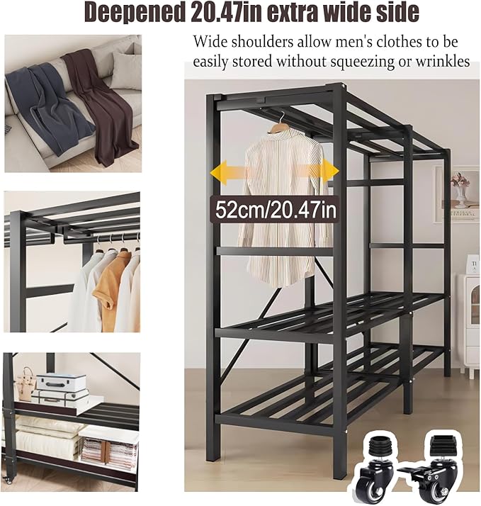 Heavy Duty Clothes Rack with Magnetic Door, Metal Foldable Covered Clothes Rack, Portable Wardrobe Closet System for Hanging Clothes, Rolling Garment Racks for Bedroom (Brown Doors, 59in)