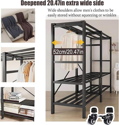 Heavy Duty Clothes Rack with Magnetic Door, Metal Foldable Covered Clothes Rack, Portable Wardrobe Closet System for Hanging Clothes, Rolling Garment Racks for Bedroom (Navy Blue Doors, 70.8in)
