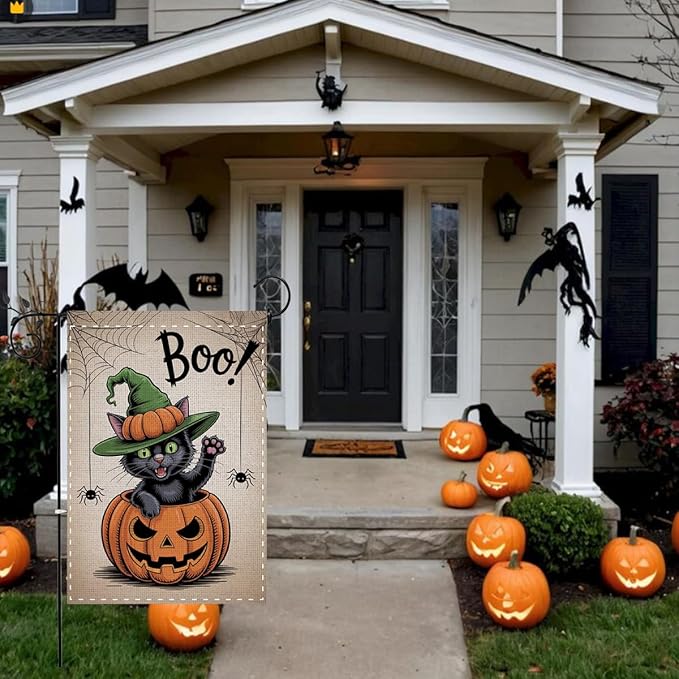 Fokongna Interesting Halloween Garden Flag, Pumpkin Spider Cat Boo Halloween Garden Flag, 12x18 Inch Burlap Vertical Double Sided Flags, for Home Yard Outside Decorations