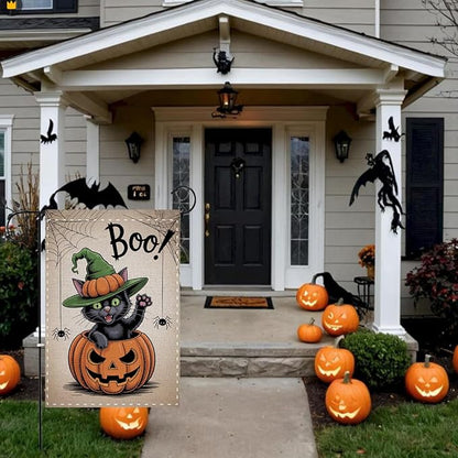 Fokongna Interesting Halloween Garden Flag, Pumpkin Spider Cat Boo Halloween Garden Flag, 12x18 Inch Burlap Vertical Double Sided Flags, for Home Yard Outside Decorations