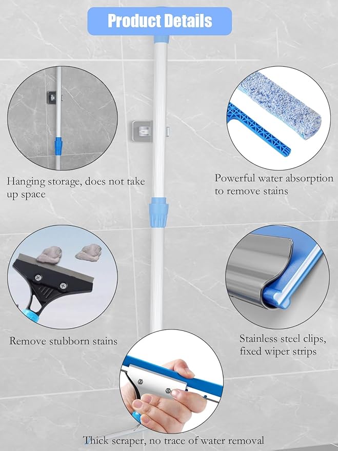 Extendable Telescopic Window Cleaning Pole - 21ft Stainless Steel Squeegee with Microfiber Scrubber(3.6-5.5m)