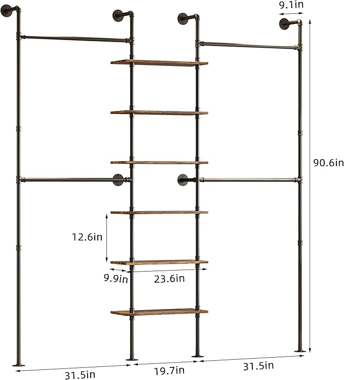 Industrial Pipe Clothing Rack, Wall-Mounted Clothes Rack with Shelf Wood Hanging Organizer, Space Saving Corner or Straight Design for Retail Store, Bedroom, Closet