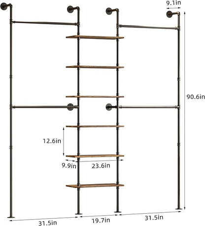 Industrial Pipe Clothing Rack, Wall-Mounted Clothes Rack with Shelf Wood Hanging Organizer, Space Saving Corner or Straight Design for Retail Store, Bedroom, Closet