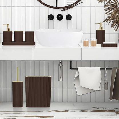 Bathroom Accessories Set - Gorgeous Bathroom Set, 10PC Brown Bathroom Accessories, Bathroom Accessory Set, Toilet Brush, Trash Can, Qtip Holder Dispenser & Soap Dispenser