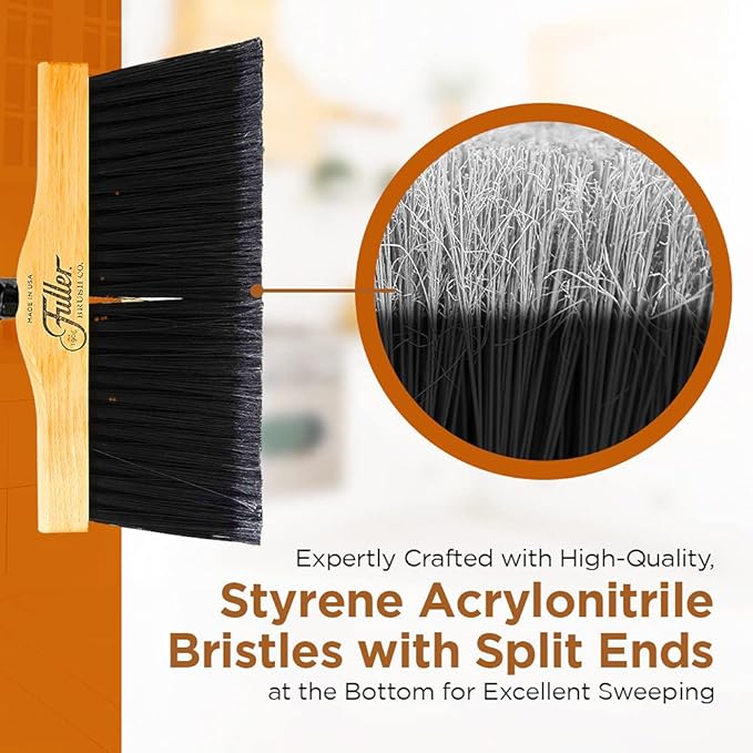Fuller Brush 12-Inch Maple Wood Broom with 2 Piece Black Steel Threaded Handle for Indoor and Outdoor Cleaning on Hard Floors, Tile, Concrete, and Garage Surfaces