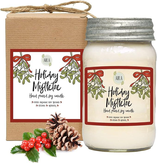 Aira Soy Candles - Organic, Kosher, Vegan, in Mason Jar w/Therapeutic Essential Oils - Hand-Poured 100% Soy Candle Wax - Paraffin Free, Burns 110+ Hours - Holiday Mistletoe Christmas Candle - 16 Oz