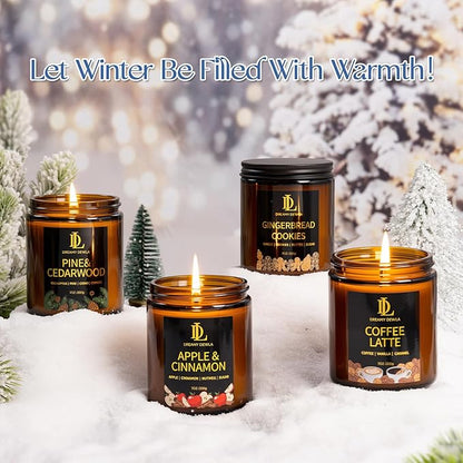 Winter Candle Set, Candles for Home Scented, 4 Pack Soy Candles for Holiday, Valentine's Day Gifts for Women Men, Winter Scents of Gingerbread Cookies/Apple & Cinnamon/Coffee Latte/Pine & Cedarwood