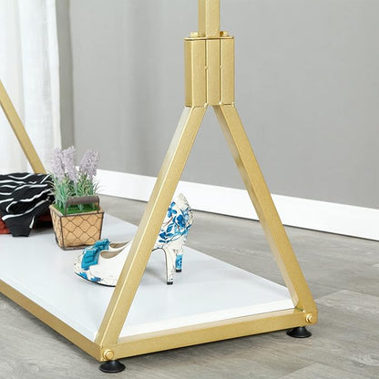 Modern Simple Heavy Duty Metal and Wood Rolling Clothing Garment Rack with Wheel,Creative Commercial Wedding Dress Display Shelf,Floor-Standing Clothes Hangers (Gold with Wood, 47.2" L)
