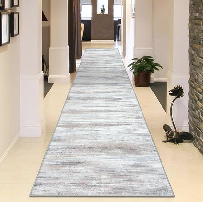 KOZYFLY Modern Abstract Kitchen Runner Rug, 2.6x14 Washable Rug Runner Non-Slip Soft Striped Hallway Runner Rugs, Beige Print Carpet Runner for Entryway Bathroom Laundry Room Foyer