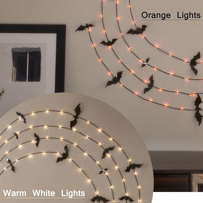 LITBLOOM Halloween Garland with Lights 6FT 80 Orange and Warm White Fairy Lights, Lighted Black Garland Battery Operated with Timer Lit Bats for Wall Porch Decoration (2 Pack)