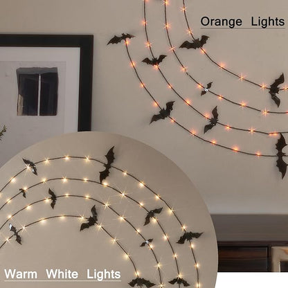 LITBLOOM Halloween Garland with Lights 6FT 80 Orange and Warm White Fairy Lights, Lighted Black Garland Battery Operated with Timer Lit Bats for Wall Porch Decoration (2 Pack)