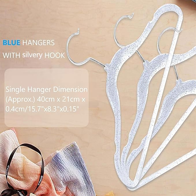 Blue Clothes Hangers 16", 20 Pack Plastic Clear Coat Hanger for Adult Closet, Durable Bling Ganchos de Ropa with Swivel Hook, Notched Shoulders & Ultra-Thin Space Saving Laundry Hanger for Dress Suits