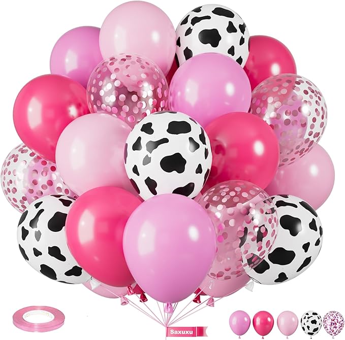 Pink Cow Balloons, 12 Inch Pink Cow Print Balloons, Pastel Hot Pinks Cows Pattern Helium Balloon Confetti Latex Balloon for Girl Farm Birthday Baby Shower Rodeo Party Decorations
