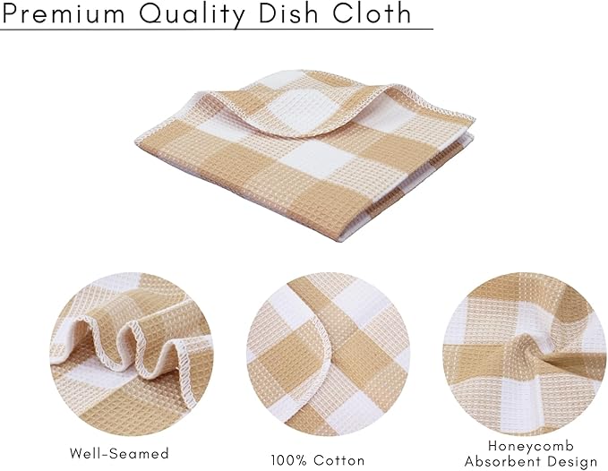 Waffle Weave Plaid Dish Cloths, 100% Cotton - 12 x 12 Inches, Ultra Soft Absorbent Quick Drying Dish Towels Buffalo Check Dish Rags for Kitchen, 8 Pack -Fall Thanksgiving -Beige & White