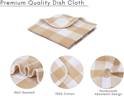 Waffle Weave Plaid Dish Cloths, 100% Cotton - 12 x 12 Inches, Ultra Soft Absorbent Quick Drying Dish Towels Buffalo Check Dish Rags for Kitchen, 8 Pack -Fall Thanksgiving -Beige & White