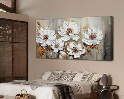 Acocifi Textured Floral Wall Art Canvas Art Wall Decor, Large Living Room Bedroom, Vintage White Floral Painting Picture Artwork for Dining Room Office Home Decor 40"x20"