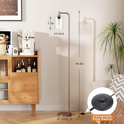 Floor Lamps for Living Room - Industrial Standing Lamp with Glass Shade, Modern Floor Lamp with LED Bulbs, Farmhouse Floor Lamp for Bedroom, Tall Lamp for Office - Brown
