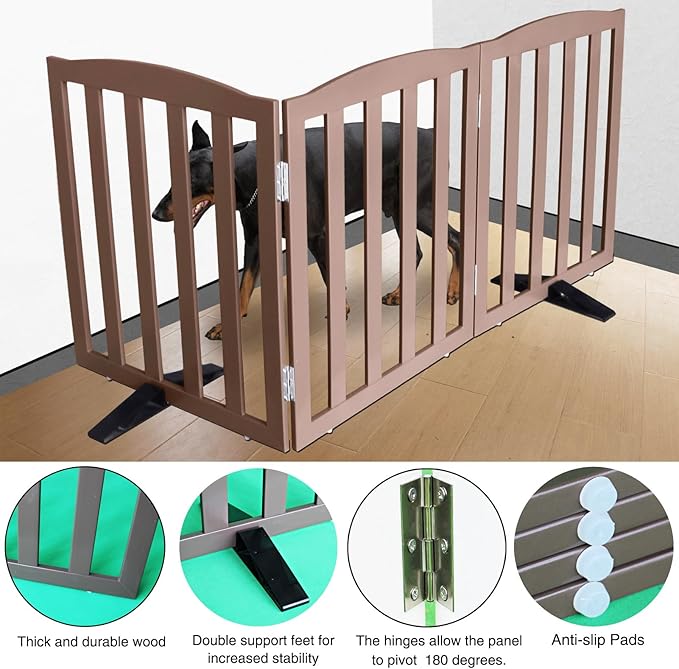 ZJSF Foldable Freestanding Indoor Dog Gate for House Wood Long Pet Gates Dog Fence for Stairs Puppy Gates for Hallways, Puppy Gate,Support Feet Included, Brown, 24 "Height-3 Panels