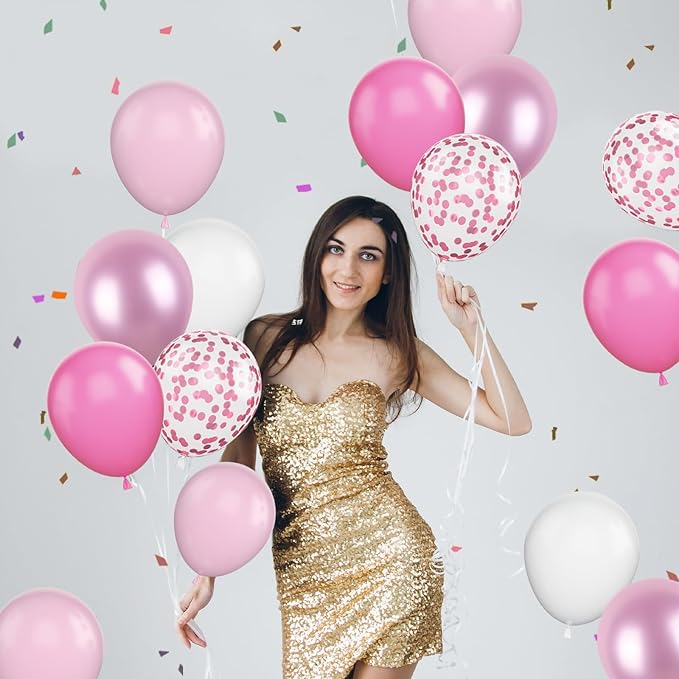 FunHot Funhot Pink Balloons, 60Pcs Pastel Pink Pearl White Latex Balloons, 12 Inch Metallic Pink Confetti Balloons Helium for Girls Princess Birthday Baby Shower Wedding Party Decorations