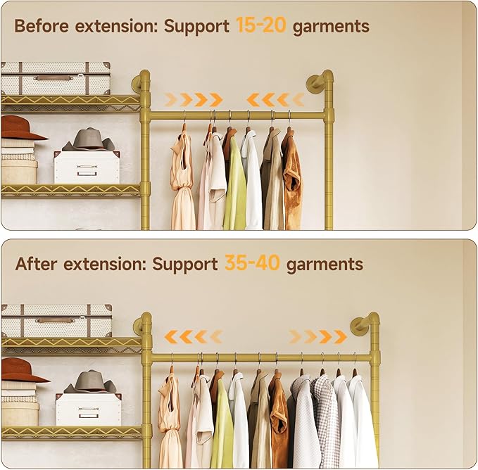 H4 Wall Mounted Closet System, Expandable Industrial Pipe Clothes Rack Clothing Rack for Hanging Clothes, Heavy Duty Closet Organizers and Storage in Wardrobe Closet - Gold