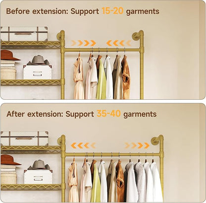 H4 Wall Mounted Closet System, Expandable Industrial Pipe Clothes Rack Clothing Rack for Hanging Clothes, Heavy Duty Closet Organizers and Storage in Wardrobe Closet - Gold