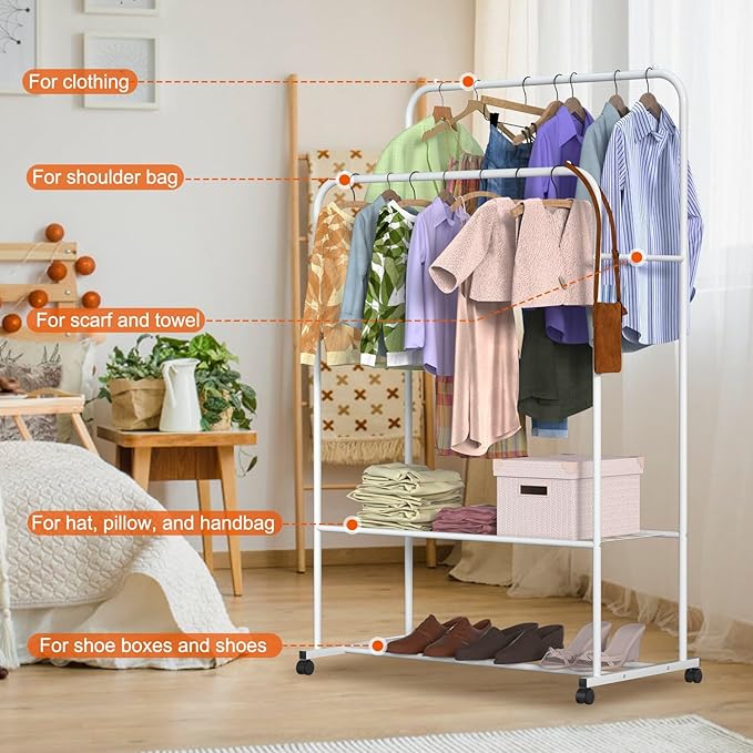 Double Rods Clothes Rack, Rolling Clothing Rack for Hanging Clothes, Sturdy Metal Wardrobe Rack Garment Rack, Closet Organizer with Storage Shelf for Clothes Shoes Organization (White)
