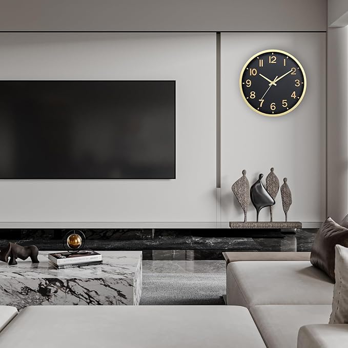 Wall Clocks Battery Operated 12 inch Modern Wall Clock,Silent Non Ticking Wall Clock for Living Room Bedroom Kitchen Office Classroom Decor (Black Gold)