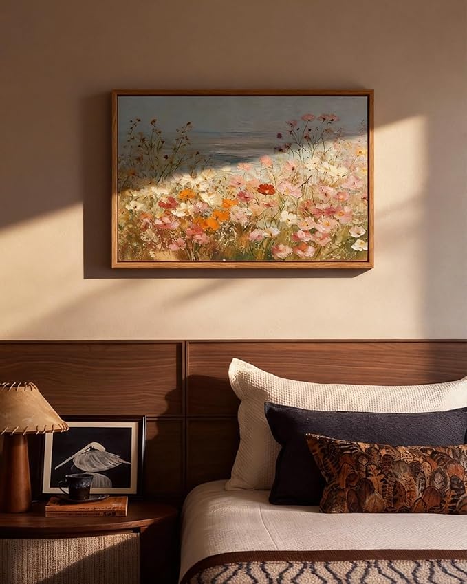 InSimSea Vintage Framed Canvas Art, Vintage Coastal Wildflower Field Painting, Hand-Painted Landscape Textured Artwork for Living Room Hallway,16x24in,Nature Serene Wall Shelf Decor Aesthetic