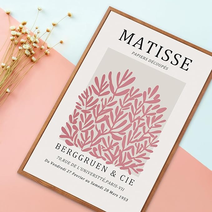 HLNIUC Matisse Pink Framed Wall Art Set,Neutral Pink Flower Canvas Wall Decor Set of 3(24”x36’) Modern Aesthetic Pictures Painting,Abstract Floral Market Art Print for Living Room Bedroom Office
