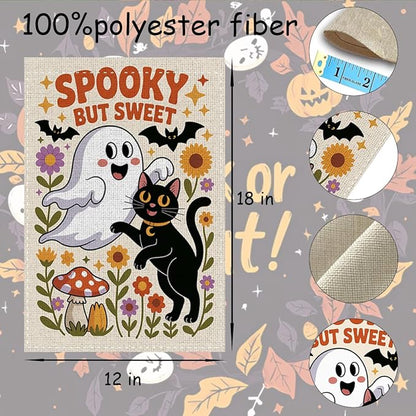 Fokongna Spooky But Sweet Halloween Garden Flags, Cute Ghost Black Cat Halloween Decor Flag, 12x18 Inch Burlap Vertical Double Sided Flags, for Home Yard Outside Decorations