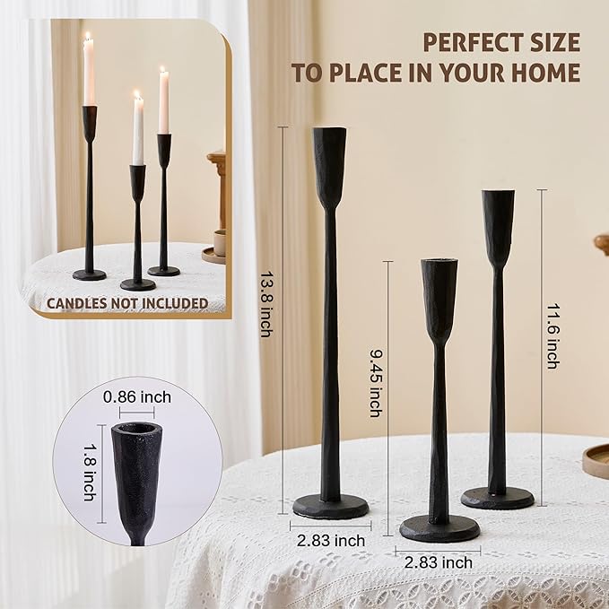 Cast Iron Taper Candle Holder Set of 3, Vintage Candlestick Holders Decorative Candle Stand, Tapered Candle Holders Tall Set for Wedding, Holiday, Home Decor, Christmas Decoration (Black)