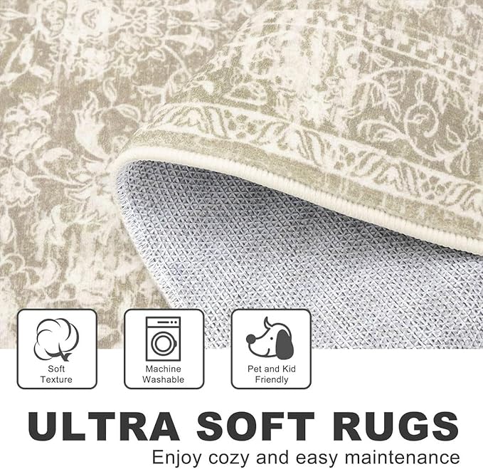KILOCOCO Hallway Runner 2x6 Kitchen Runner Rug Printed Vintage Floral Washable Non-Slip Runners for Hallways Laundry Room Rugs Distressed Boho Rugs Runners for Bedroom, Beige