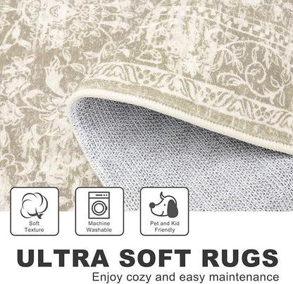 KILOCOCO Hallway Runner 2x6 Kitchen Runner Rug Printed Vintage Floral Washable Non-Slip Runners for Hallways Laundry Room Rugs Distressed Boho Rugs Runners for Bedroom, Beige