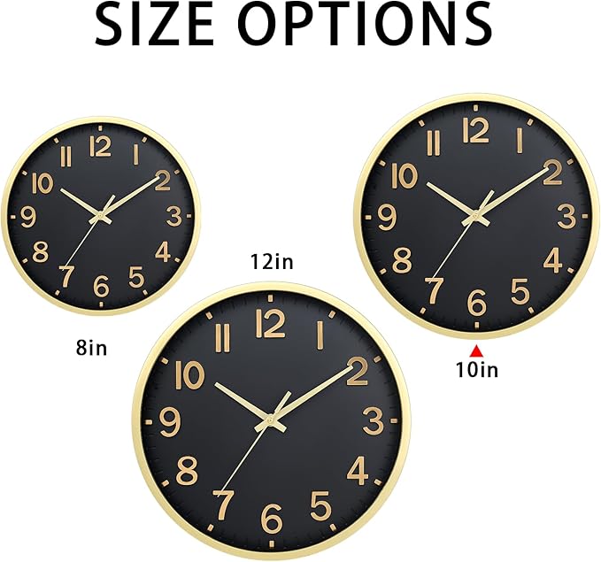 Wall Clocks Battery Operated 10 inch Modern Wall Clock,Silent Non Ticking Wall Clock for Living Room Bedroom Kitchen Office Classroom Decor (Black Gold)