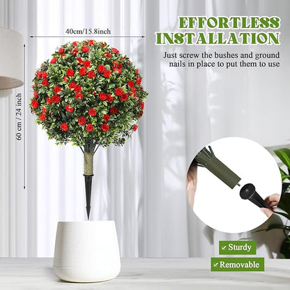 24" Artificial Topiary Ball Tree with Flower Set of 2,Outdoor Fake Topiary with Ground Spike,UV Resistant Faux Artificial Plant Bushes for Indoor Outdoor Front Porch Garden Decor(Dark Red)