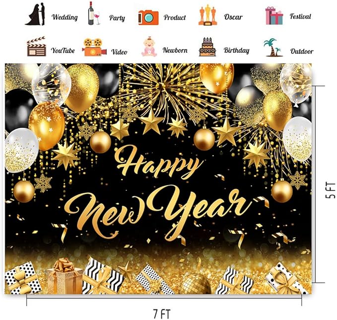 CHAIYA 7x5ft 2026 Happy New Year Backdrop Black and Gold Photography Background New Year Eve Party Decoration SNew Year Holiday Party Banner