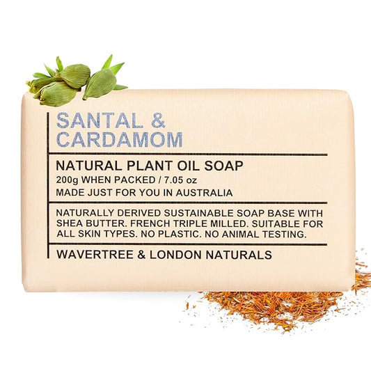 Wavertree & London Santal & Cardamon Scented 100% Natural Soap Bar, 7oz Moisturizing French Triple Milled Soap Bar for Women & Men Enriched with Organic Shea Butter, Pure Bath & Body Soap (1 Bar)