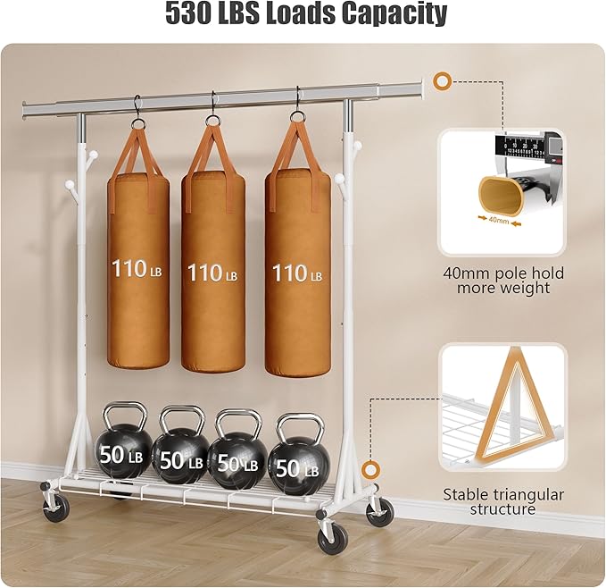 Heavy Duty Clothes Rack Load 530 LBS Metal Clothing Garment Rack Hang 200 pieces of clothing on Wheels Collapsible Rolling Portable & Adjustable with Hook for Hanging Clothes White