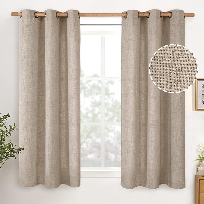 YoungsTex 48 Inch Length Linen Curtains for Short Window, Oatmeal Burlap Light Filtering Drapes with Bronze Grommet Privacy for Kitchen Living Room Window, 42 x 48 Inch, 2 Panels